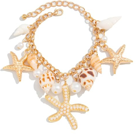 Cosswe Seesterne Muschel Armbänder Sea Star Shell Perlen Armbänder Verstellbare Hawaii Boho Seestern Shell Fußkettchen Armband Muschel Seestern Strandschmuck für Karneval Strandparty Mottoparty
