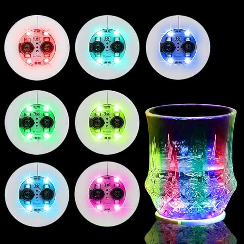 GAESHOW 12 Stück Bunt LED Untersetzer, Leuchtende Untersetzer, 7 Farbe LED Sticker Lichter, Selbstklebende Rückseite, LED-Flaschenlicht Deko Beleuchtung für Bar, Party, KTV (4cm)