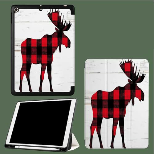 Funda Compatible con iPad 9.7 (6.ª Gen 2018/5.ª Gen 2017) con Portalápiz para Pencil,Carcasa Ligera Trasera de TPU Suave con Auto-Reposo/Activación Cuadrícula Animales Alce