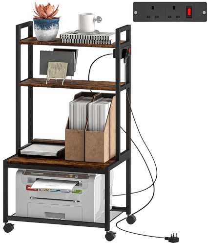HOMCOM 4-Tier Printer Stand with Power Outlets, Mobile Printer Table with Wheels and Metal Frame for Home Office, Study, Rustic Brown