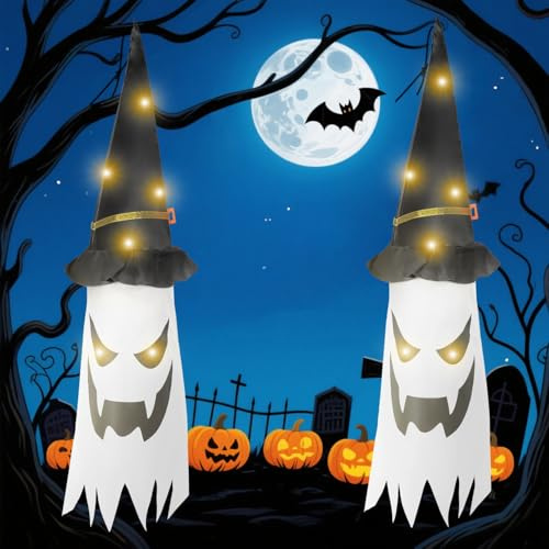 FemKey Halloween Deko Outdoor Innen, 2 Stück Hängende Geister Deko Halloween Lichterkette, LED Halloween Geist Deko Gruselig, Geist Leuchtend fur Garten Party (80cm Geist)