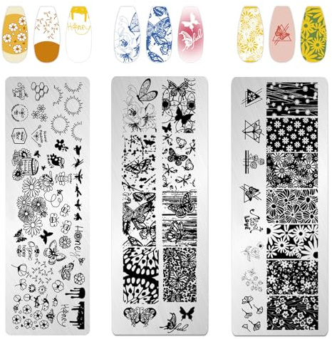 NICENEEDED 3 plaque de Nail Art en Forme de Fleur et de Papillon Plaques D'Estampage Florales Rectangulaires Kit de Manucure Imprimé Printemps Été pour Femmes