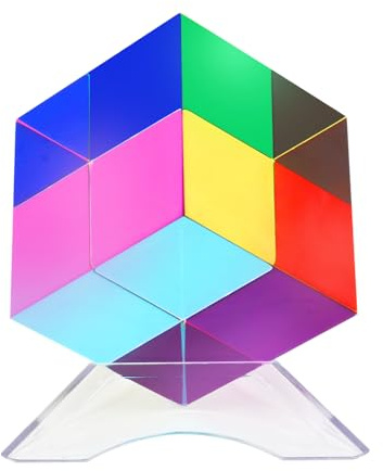 KMQRDZi CMY Farbwürfel mit Ständer, CMY Mischfarbwürfel, Acryl-Prisma, Dekorationen für Zuhause, Büro, wissenschaftliches Lernen, dekorative RGB-Dispersion, farbig (50 mm)