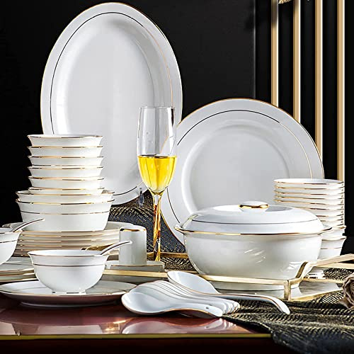 H3TF5J Bone China Tableware Set, 42 Pieces For 6 People, Gold-plated Elegant, Microwave Oven-safe, Nano Self-cleaning Glaze (56 Pieces for 10 People)