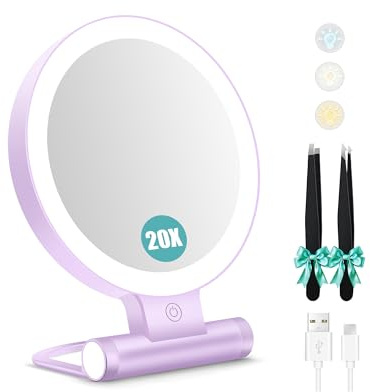 B Beauty Planet Magnifying Mirror with Light 30X, Double-Sided 1X/ 30X Magnifying Makeup Mirror with Tweezer,2000mAh 3 Color Modes with Adjustable Brightness, Foldable Compact Travel mirror(Purple)