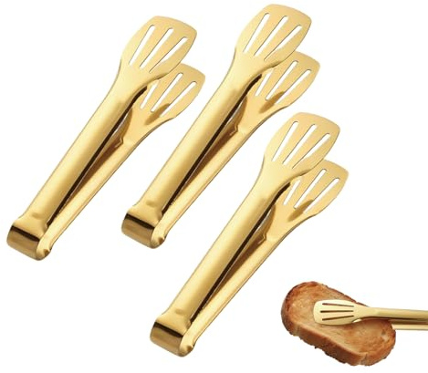 Kitchen Tongs - Homiladi 3PCS Stainless Non-Slip Salad Tongs for Cooking, Salad, Meat, BBQ, Frying, Serving | Steel Salad Servers & Tongs Kitchen (Gold)