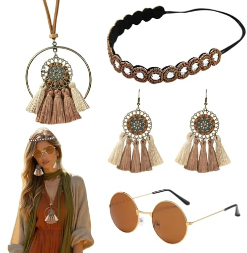 Lyivisk 4 Stück Hippie Accessoires Damen Set, 70er Jahre Accessoires, Hippie Kostüm, Enthalten Runden Hippie Sonnenbrille, Rund Boho Stirnband, Faschingskostüme Karneval Damen Boho Zubehör