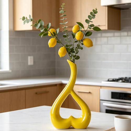 Busnos Gelb Herzförmige Keramik Vase Pampasgras Deko Wohnzimmer modern Vase Zimmer Wohnzimmer Deko Aesthetic Boho Modern Keramik Vasen für Schminktisch Couchtisch Schlafzimmer