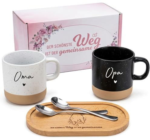 Oma Opa Geschenke Tassen Set mit Holztablett & Löffeln, Weihnachtsgeschenke | Silberhochzeit Goldene Hochzeit Geschenk für Oma und Opa, Romantisches Weihnachten Geschenkset für Großeltern mit Geschenkbox