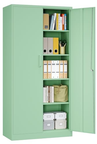 Sightlife Armadio Ufficio in Metallo a 5 Ripiani con 2 Ante, Armadio Garage con Serratura a Chiave, Ripiani Regolabili, L78 x P39 x A170 cm (verde, 78_x_170_cm)