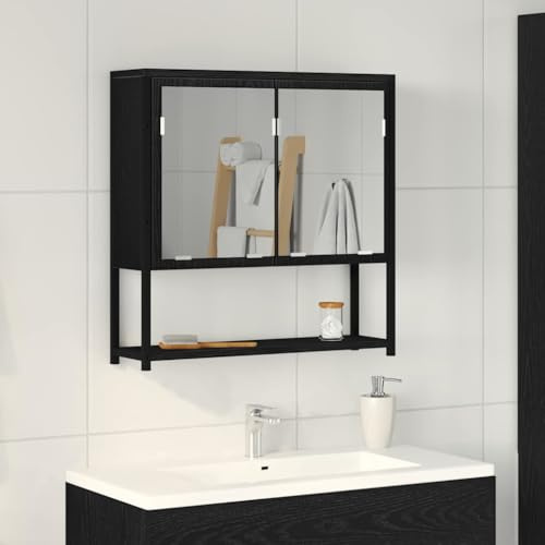Drainlyn Spiegelschrank Schwarz Eichen-Optik 60x16x60cm mit Regal | Holzwerkstoff, Wandmontage, 2 Glastüren, Für Bad Waschbeckenunterschrank