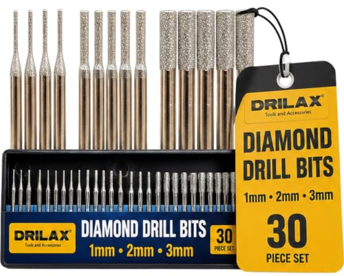 Drilax 30-teiliges Diamantbohrer-Set – 1 mm, 2 mm, 3 mm – 3,2 mm Schaft kompatibel mit Dremel & Rotationswerkzeugen – Für Glas, Meerglas, Edelsteine & Schmuckherstellung