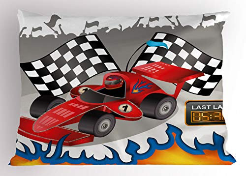 Lunarable Auto-Kissenbezug, Rennauto-Finish-Linie, Flaggen, Piloten, abstrakt, einfarbig, dekorativer bedruckter Kissenbezug in Standardgröße, 66 x 50,8 cm, mehrfarbig