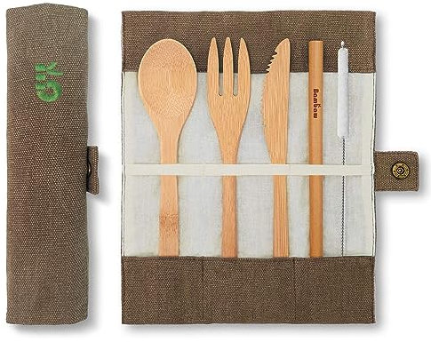 Eßbesteck aus Bambus | Reisebesteck | umweltfreundliches Besteckset | Messer, Gabel, Löffel und Strohhalm| Besteck Holz | Reisebesteck für unterwegs mit Reiseetui | 20 cm | Olive | Bambaw