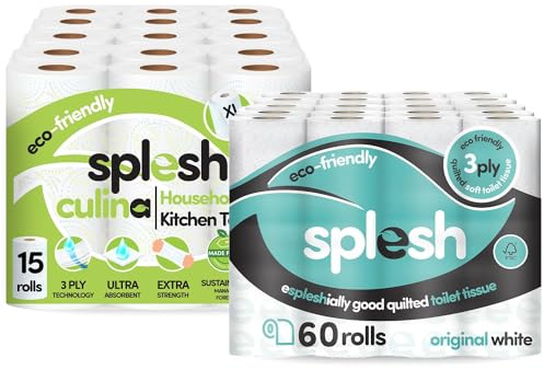 Splesh Household Bundle Culina Kitchen Towel 3-Ply Ultra Absorbent Extra Strong and Large Kitchen Rolls (15 Rolls) with Original White Toilet Roll Eco-Friendly Soft & Quilted Toilet Tissue (60 Rolls)