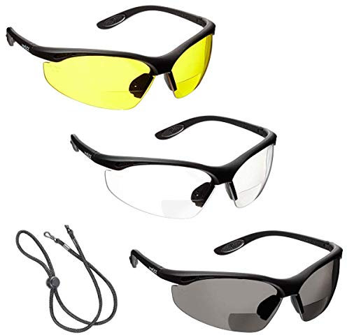voltX 3 x Constructor BIFOKALE Schutzbrille mit Lesehilfe (+3.5 Dioptrie klare, gelbe & rauchgraue Scheibe) CE EN166F, Sportbrille für Radler, enthält Sicherheitsband mit headstop