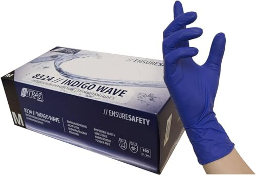 Nitras Nitrile Gloves Powder Free Dark Blue Indigo Wave Pack of 100, M, 7