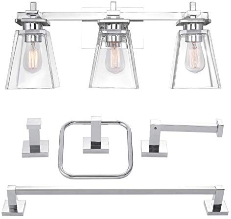 Globe Electric Yorke 51413 Ensemble de Salle de Bain Tout-en-Un 5 pièces avec Abat-Jour en Verre, Barre Porte-Serviette, Anneau Porte-Serviette, Crochet pour Peignoir, Support de Papier Toilette,