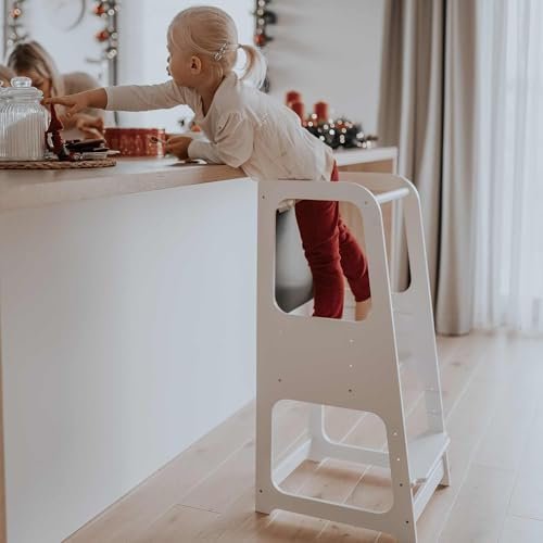 Sweet Home from Wood Montessori-Lernturm - Küchenhelfer für Kinder & Kleinkinder - Kinderhocker mit Verstellbarer Treppe für Arbeitsplatte & Tisch - Learning Tower - Nachhaltige Produkte (Weiße)