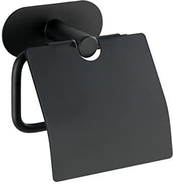 WENKO Turbo-Loc Toilettenpapierhalter mit Deckel Orea Black Matt, Befestigen ohne Bohren, Papierrollenhalter mit Deckel zum Schutz, Massive Qualität, rostfreier Edelstahl, 14 x 12,5 x 7 cm