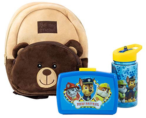 P:os 81448 PAW Patrol - Rucksack für Kinder mit niedlichem Bärengesicht, Paw Patrol Brotdose und Trinkflasche in Blau, ideales Set für den Kindergarten oder bei Familienausflügen