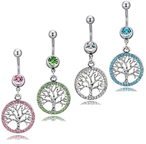 Freesom Lot de 4 Piercing Nombril Acier Chirurgical Anneau Cristal Diamant Pendant Arbre de Vie Fleur Femme Inversé 10mm Sexy Simple Retro Pierre Bijoux Corps Ventre Cadeau Pas Cher Argent