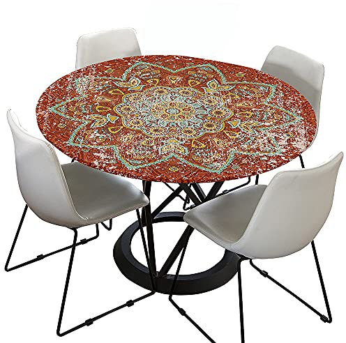Morbuy Tischdecke Outdoor Rund 120 cm, Elastisch Rund Abwaschbar Tischdecken Wasserabweisend Lotuseffekt Garten Tischdecke Rot Mandala Table Cloth, Ideal für 100cm-110cm