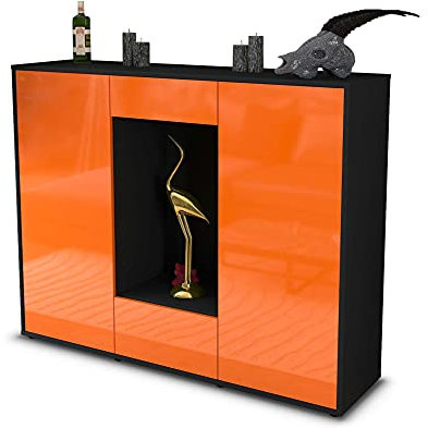 Stil.Zeit Highboard Kommode Nova, Korpus anthrazit matt, Front Hochglanz-Design Mandarine (136x108x35cm), Push-to-Open Technik & Leichtlaufschienen