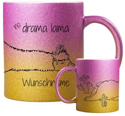 ORWONet personalisierte Glitzertasse mit Namen | 330 ml Glitzer-Keramik-Tasse mit Spruch & Wunschnamen | Made in Germany | hochwertige Keramik (Pink-Gold, No Drama Lama)