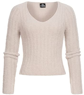 Styleboom Fashion Damen kurzer V-Neck Fluffy Pullover Kunstfell beige