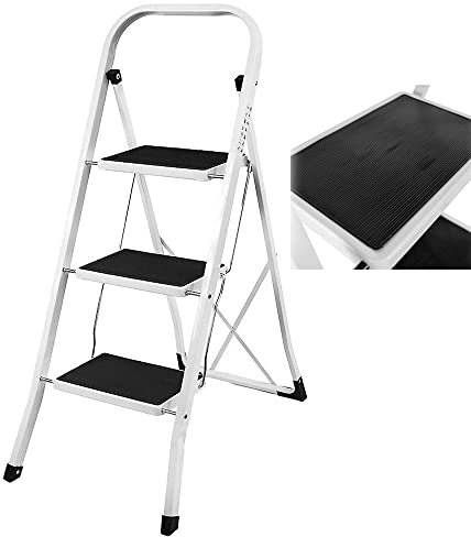 Escabeau en acier robuste à 3 marches - Escabeau portable pliable, support de marches extra large avec tapis en caoutchouc antidérapant, idée pour la maison/cuisine/garage Capacité de charge de 150 kg