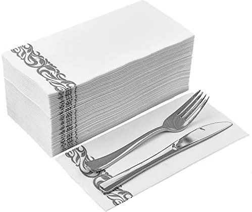 DADAWU Weiße Servietten, Einweg-Handtücher, dekorative Badezimmer-Papierservietten, Leinen-Feel Gästehandtücher für Küche, Partys, Hochzeiten, Jubiläen, Abendessen oder Veranstaltungen (Silber50)