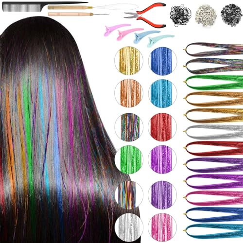 12 Farben Haar Lametta Strähnen 94CM, Stränge Tinsel Haarverlängerungsset mit Werkzeug Clips Kamm und Silikon Link Ringe Perlen, Haare Extension Set für Frauen Mädchen Party Cosplay Festivals