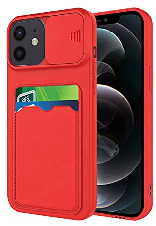 Wousunly Compatible avec Coque iPhone 12 Mini Antichoc avec Porte Carte, Etui iPhone 12 Mini Silicone avec Protection Cache Camera Coulissant Coque de Telephone Ultra Fine Housse (Rouge)