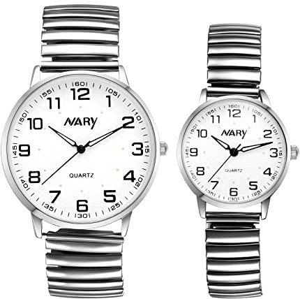 JewelryWe Paar Uhren Analog Quarz 30 wasserdichte Pärchen Armbanduhr Klassisch Einfach Elastisch Legierung Armband Partner Freundschafts Uhr mit Digital Zifferblatt Silber