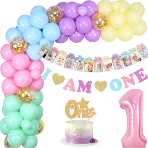 Cheereveal 1. Geburtstag Dekorationen Mädchen Regenbogen, Pastell-Ballongirlande, Bogen-Set, buntes Macaron-Banner, Zahl 1 Folienballon, erster Regenbogen Geburtstag Party Supplies