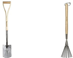 Kent & Stowe Kinder-Spaten – leichte Schaufel, Länge: 71 cm & Handbesen lang – Fächerbesen aus Edelstahl zur Entfernung von Laub, Handrechen mit längerem Stiel aus Eschenholz, Länge: 62,5 cm