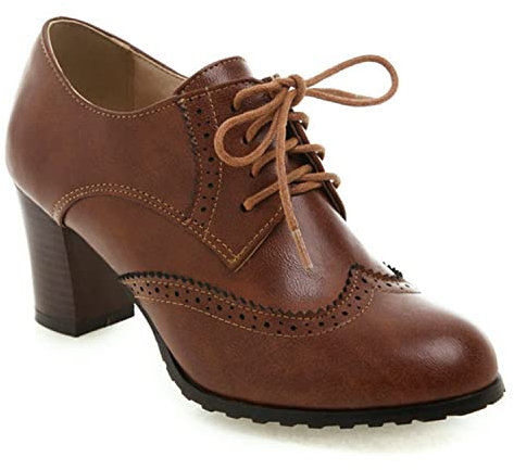 bbruriy Damen Vintage kleine Lederschuhe Lolita Schuhe Leder Classic Lace Up Chunky Mid Heel Round Toe Oxfords Dress Party Pump Schuhe,Braun,38