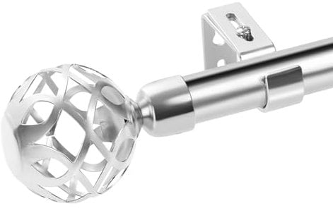 Silver Curtain Poles for Windows 78-352cm, 2.5cm Thickness Single curtain poles for eyelet curtains with Modern Hollow Round Finial, Heavy Duty Decorative Drapery Rods for Living Room, Bedroom