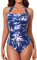 Smismivo Costume da bagno con controllo della pancia Halter un pezzo dimagrante vintage retrò costume da bagno da donna increspato push up costume da bagno, Foglia rosa chiaro, L