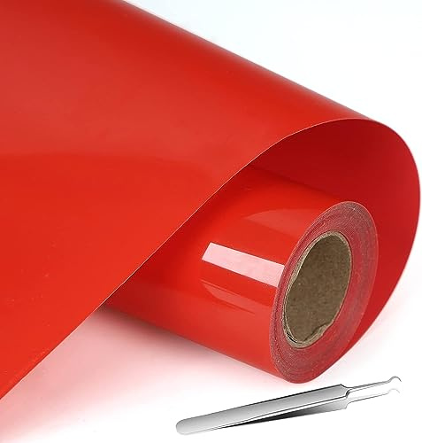 Rouleau Flex Thermocollant pour Tissu Vinyle Rouge 30.5×400cm(avec Pincettes) Tissus Vinyle Thermocollant pour Cricut Machine de Découpe Silhouette,pour T-Shirts,Autres Tissus