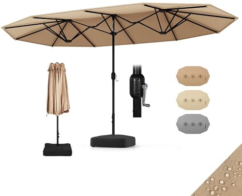 RELAX4LIFE Grand Parasol Double avec Pied 460X270 CM, Grand Parasol de Jardin Extérieur avec Manivelle, Polyester Anti-UV, Ventilé, 2 Sacs de Sable, Facile à Monter pour Terrasse Marché (Café)