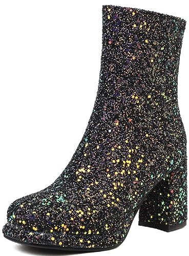 Stivaletti Glitterati con Tacco Grosso da Donna,Stivaletti Sexy con Paillettes e Punta Tonda con Cerniera Laterale di Lusso,Stivali con Tacco Alto da Sposa in Oro alla Moda,Nero,39 EU