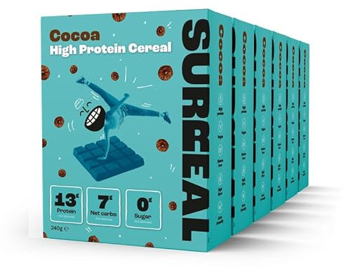 Surreal Cocoa - High Protein Cereal 6 Pack - Zero Sugar- Healthy Plant Based Cereal - High in Fibre - Low Carb - Gluten Free - Vegan - 13g of Protein, 0g of Sugar - 240g per Box