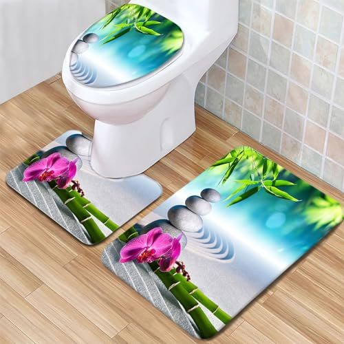 Badezimmerteppich Set Orchideen- und Steinmuster Badgarnitur 3 Teilig Mikrofaser Badematten Set rutschfest U FöRmige Duschvorleger Super weich, Schnell Trocknend WC-Garnitur Teppich
