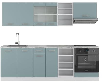 Vicco Küchenzeile R-Line, Küchenblock, Blau-Grau/Weiß, 240 cm ohne Arbeitsplatte