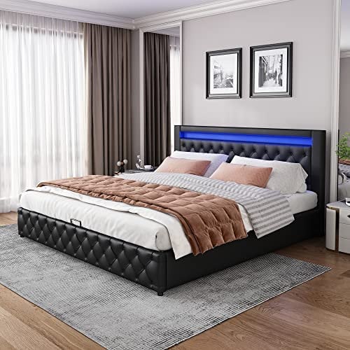 KecDuey Hydraulische Bett 160x200cm Polsterbett mit Lattenrost und Stauraum Doppelbett inkl. LED-Beleuchtungsleiste Bettgestell, Stauraumbett Funktionsbett Bezug aus Kunstleder Schwarz