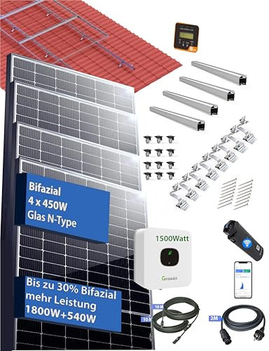 Balkonkraftwerk Solar DACH Quatro mit Growatt Mic 800W Wechselrichter / 1760W (4 x 440W) JA Solar bis zu 2300W Bifazialer Glas Glas PV-Leistung mit Aluminium Unterkonstruktion SET für Pfannendach