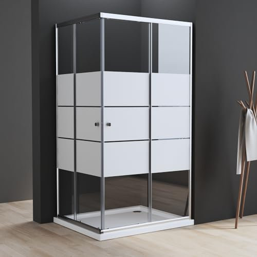 Duschkabine 100x80cm Eckeinstieg mit Schiebetüren Duschkabine Milchglas Duschabtrennung 6mm ESG Milchglas Streifen Duschwand Höhe 185cm