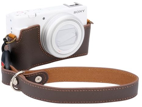 Case for Sony ZV-1F, ZV-1 II/ZV-1M2 Vlog Camera, Handmade Genuine Real Leather Half Camera Case Bag Cover for SonyZV-1F, ZV-1 II/ZV-1M2 Camera Bottom Opening Version + Hand Strap (Coffee)